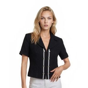 St John Sport Jacket Blazer Women's Size Small Black Short Sleeve White Striped